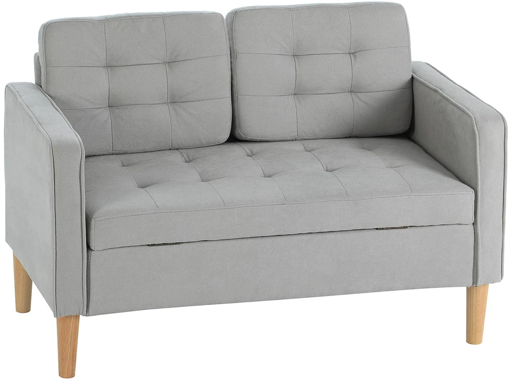 HOMCOM dvivietė sofa, sofa su daiktadėže, medinės kojelės, paminkštinta sofa, dvivietė sofa su aksomo efektu svetainei, miegamajam, 117 x 62 x 78 cm, šviesiai pilka | Aosom