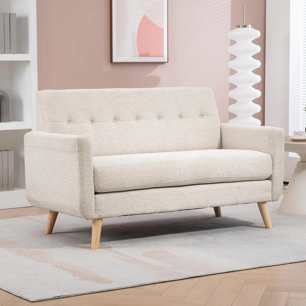 HOMCOM dvivietė sofa, sofa su storomis sėdynės ir nugaros pagalvėlėmis, aksominė išvaizda, minkšta sofa su medinėmis kojelėmis, modernaus stiliaus dvivietė sofa svetainei, miegamajam, smėlio spalvos