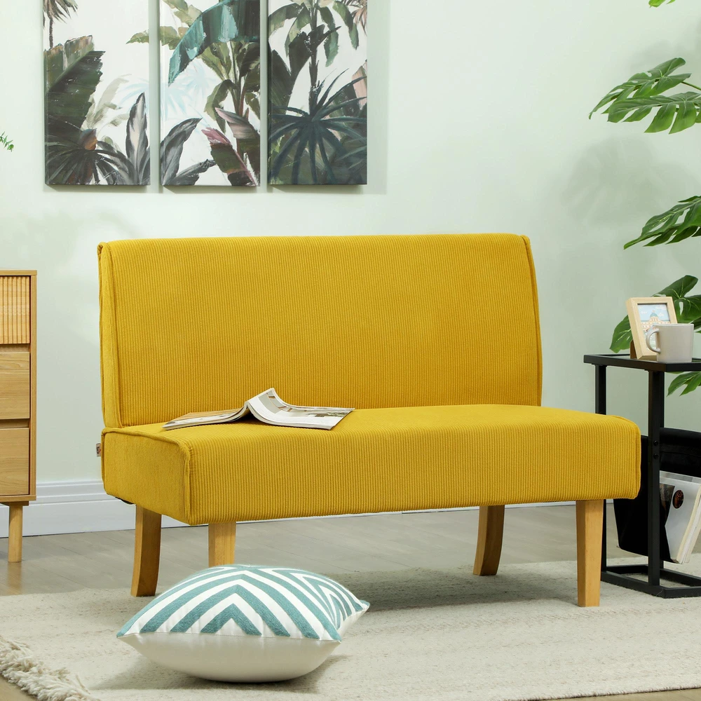 HOMCOM dvivietė sofa, sofa su velveto išvaizda, medinės kojelės, paminkštinta sofa, dvigubė sofa miegamajam, svetainei, 110 x 62 x 85 cm, geltona