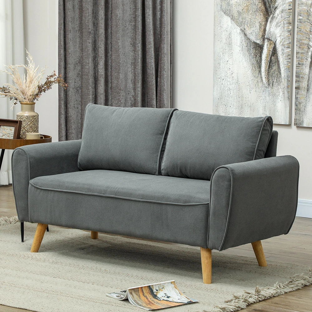 HOMCOM dvivietė sofa su 2 pagalvėlėmis, minkšta sofa su 54 cm itin giliomis sėdynėmis, kordine medžiaga aptraukta sofa, maža sofa su mediniu rėmu, dvivietė sofa svetainei, miegamajam, biurui, 145 x 75 x 78 cm, tamsiai pilka