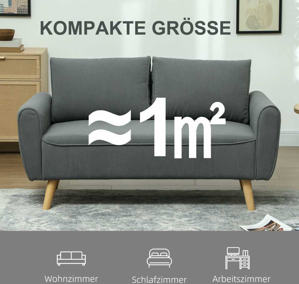 HOMCOM dvivietė sofa su 2 pagalvėlėmis, minkšta sofa su 54 cm itin giliomis sėdynėmis, kordine medžiaga aptraukta sofa, maža sofa su mediniu rėmu, dvivietė sofa svetainei, miegamajam, biurui, 145 x 75 x 78 cm, tamsiai pilka