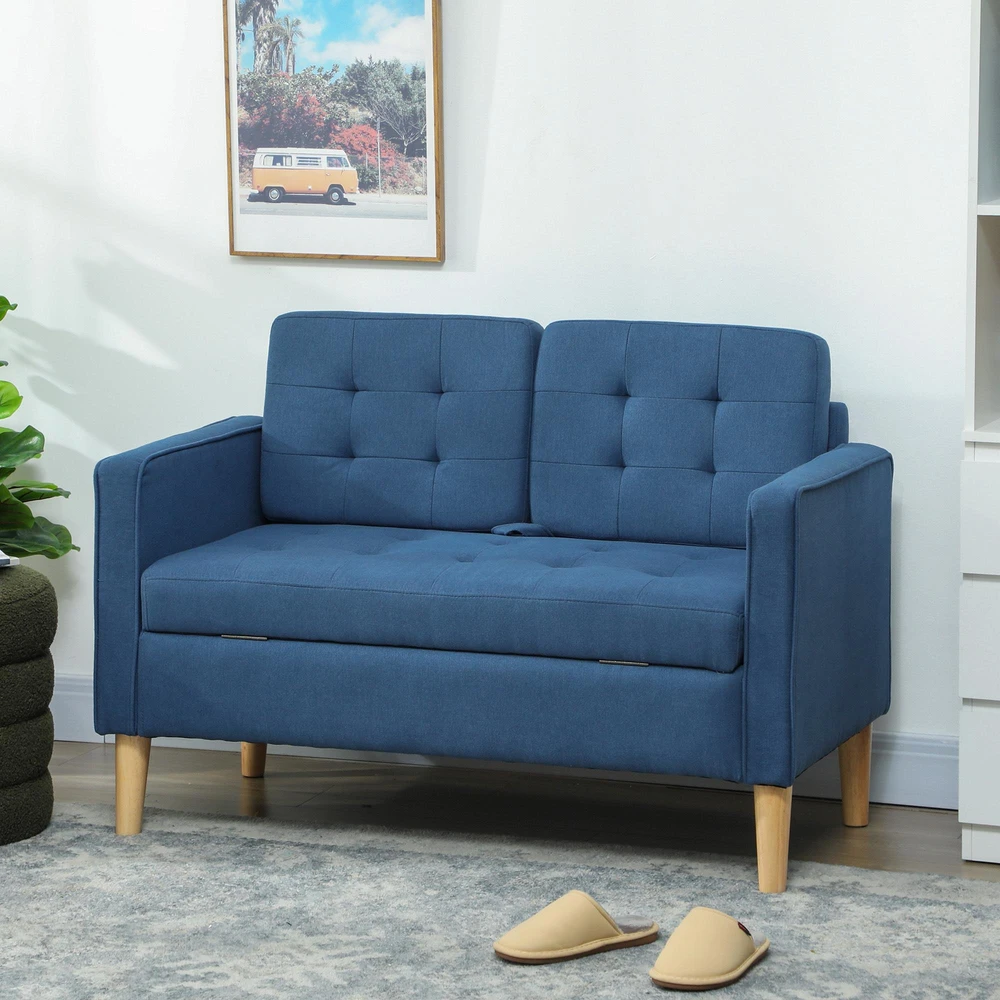 HOMCOM dvivietė sofa su daiktadėže, dygsniuota saga, pagalvėlėmis, kaučiukmedžio mediena, 117x62x78 cm, mėlyna
