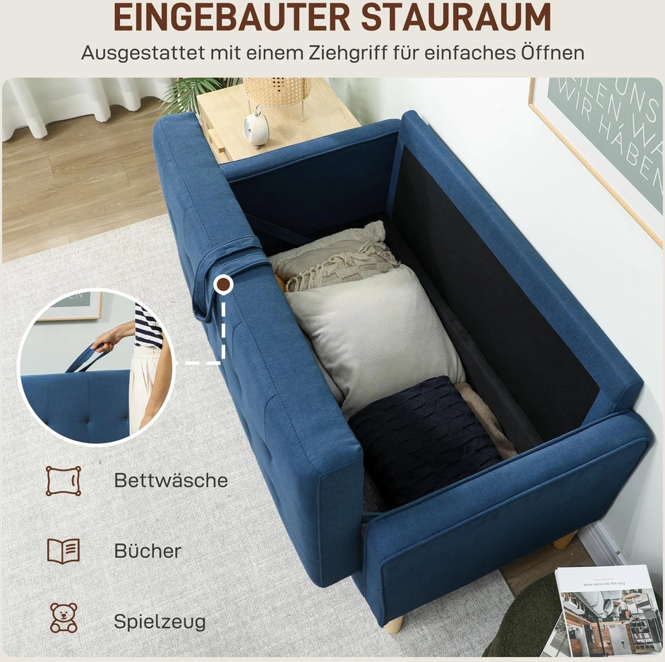 HOMCOM dvivietė sofa su daiktadėže, dygsniuota saga, pagalvėlėmis, kaučiukmedžio mediena, 117x62x78 cm, mėlyna