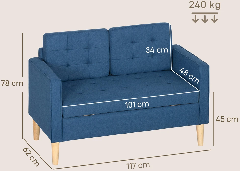 HOMCOM dvivietė sofa su daiktadėže, dygsniuota saga, pagalvėlėmis, kaučiukmedžio mediena, 117x62x78 cm, mėlyna