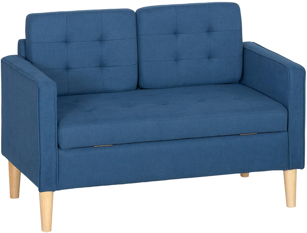 HOMCOM dvivietė sofa su daiktadėže, dygsniuota saga, pagalvėlėmis, kaučiukmedžio mediena, 117x62x78 cm, mėlyna