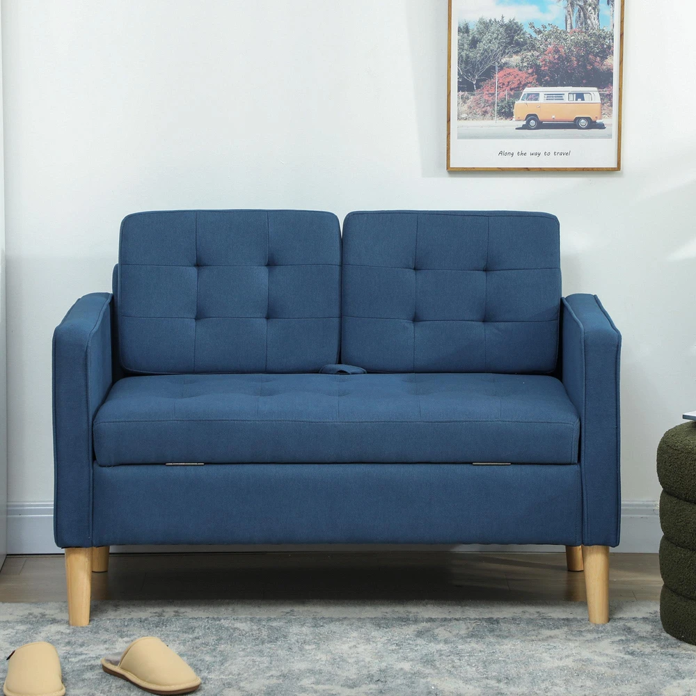 HOMCOM dvivietė sofa su daiktadėže, dygsniuota saga, pagalvėlėmis, kaučiukmedžio mediena, 117x62x78 cm, mėlyna