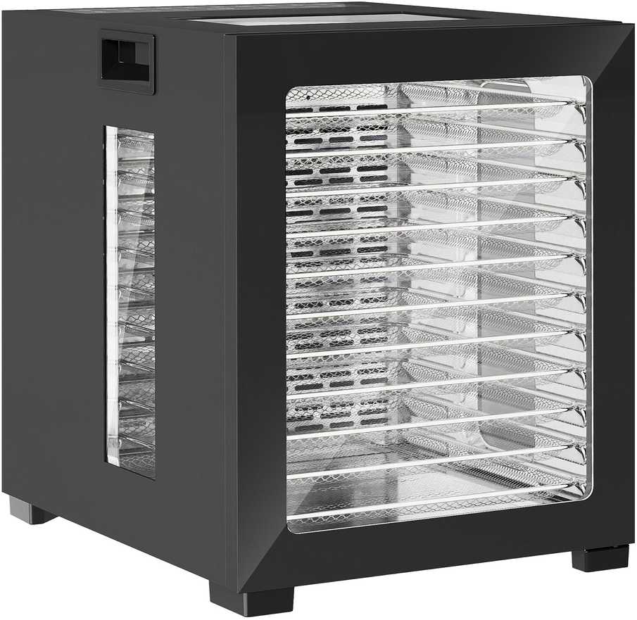 HOMCOM Džiovintuvas, 850 W, 40–70 °C temperatūros reguliatorius, 48 valandų laikmatis, 12 nerūdijančio plieno padėklų, juodas