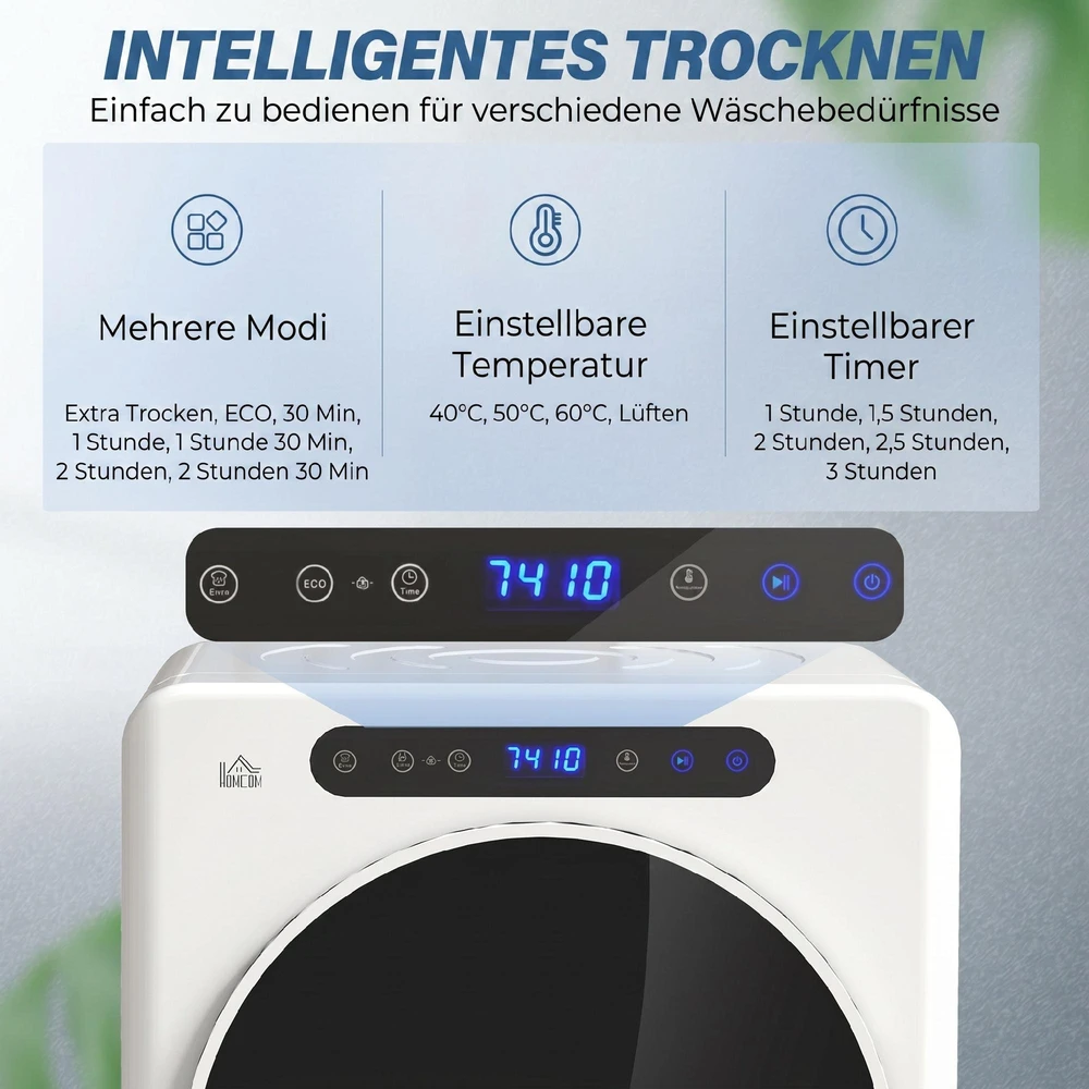 HOMCOM būgninė džiovyklė, 6 programos, 40-60℃, 4kg talpa, kompaktiška, jutiklinis valdymas, balta
