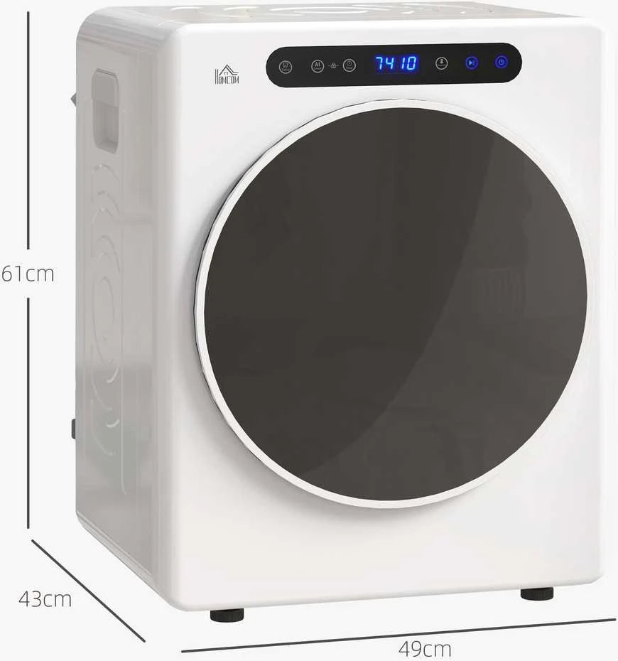 HOMCOM būgninė džiovyklė, 6 programos, 40-60℃, 4kg talpa, kompaktiška, jutiklinis valdymas, balta