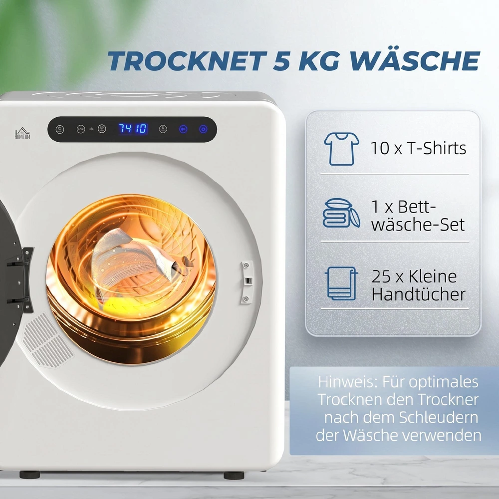HOMCOM būgninė džiovyklė, 6 programos, 40-60℃, 4kg talpa, kompaktiška, jutiklinis valdymas, balta
