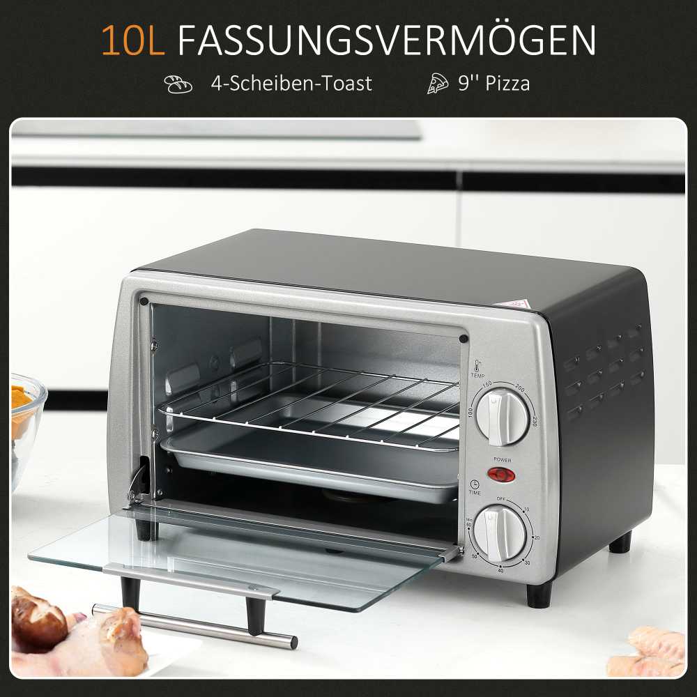 Gruzdintuvė HOMCOM elektrinė orkaitė 10L, su reguliuojama temperatūra ir laikmačiu, 750W, 36,5x26x22 cm, sidabrinė