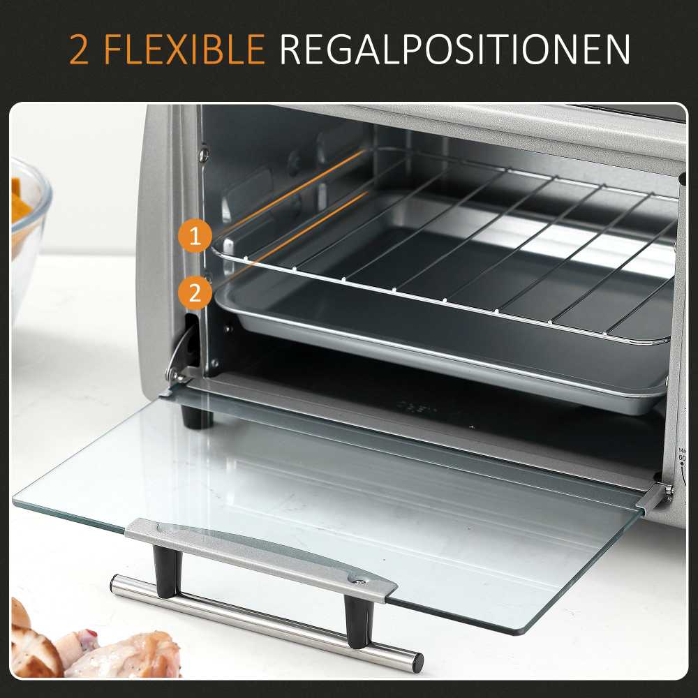 Gruzdintuvė HOMCOM elektrinė orkaitė 10L, su reguliuojama temperatūra ir laikmačiu, 750W, 36,5x26x22 cm, sidabrinė