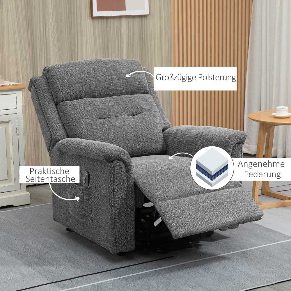 HOMCOM elektrinis pakeliamas krėslas televizijos krėslas poilsio krėslas su gulėjimo funkcija senjorų fotelis su nuotolinio valdymo pultu iki 170 kg pilkas 89x96x108 cm
