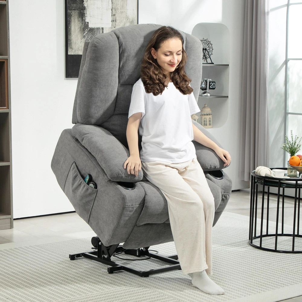 HOMCOM elektrinis fotelis su kėlimo funkcija, atlošiamas masažinis fotelis su šildymu, TV fotelis su šonine kišene ir nuotolinio valdymo pulteliu, tamsiai pilkas