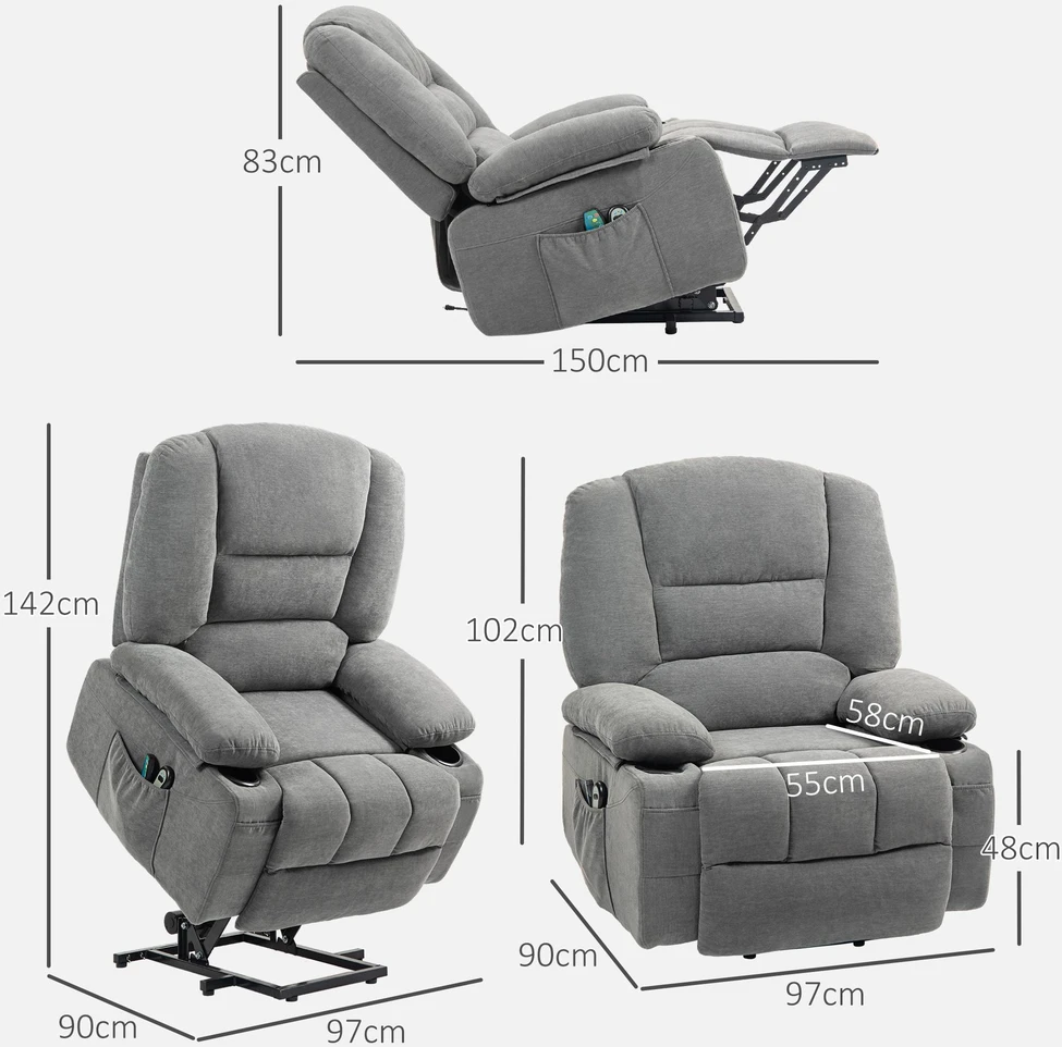 HOMCOM elektrinis fotelis su kėlimo funkcija, atlošiamas masažinis fotelis su šildymu, TV fotelis su šonine kišene ir nuotolinio valdymo pulteliu, tamsiai pilkas