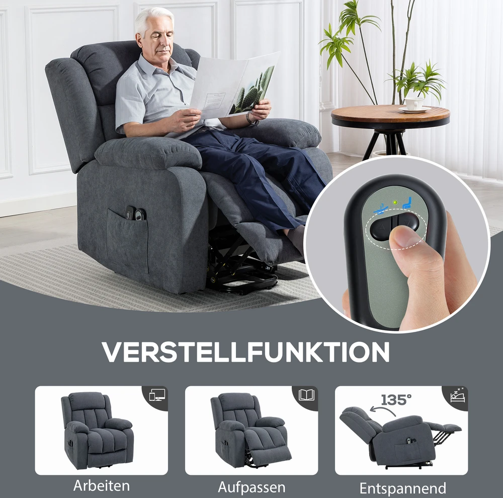HOMCOM elektrinis televizoriaus fotelis su atsikėlimo funkcija, relaksacinis fotelis su gulėjimo padėtimi, masažo funkcija, 93x91x103 cm, tamsiai pilkas