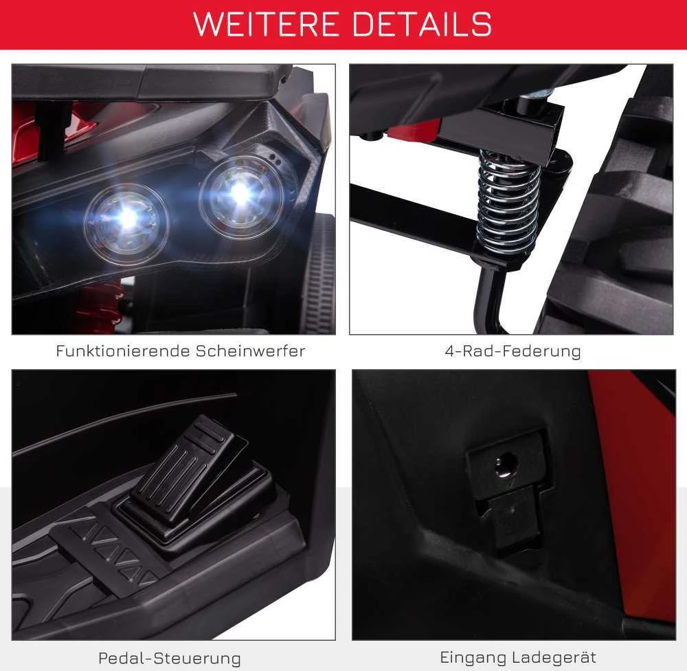 HOMCOM elektrinis keturratis 12V, vaikiškas keturratis su priekiniais žibintais, USB jungtimi, MP3 grotuvu, 3–5 metų vaikams, 3–8 km/h, metalinis, raudonas