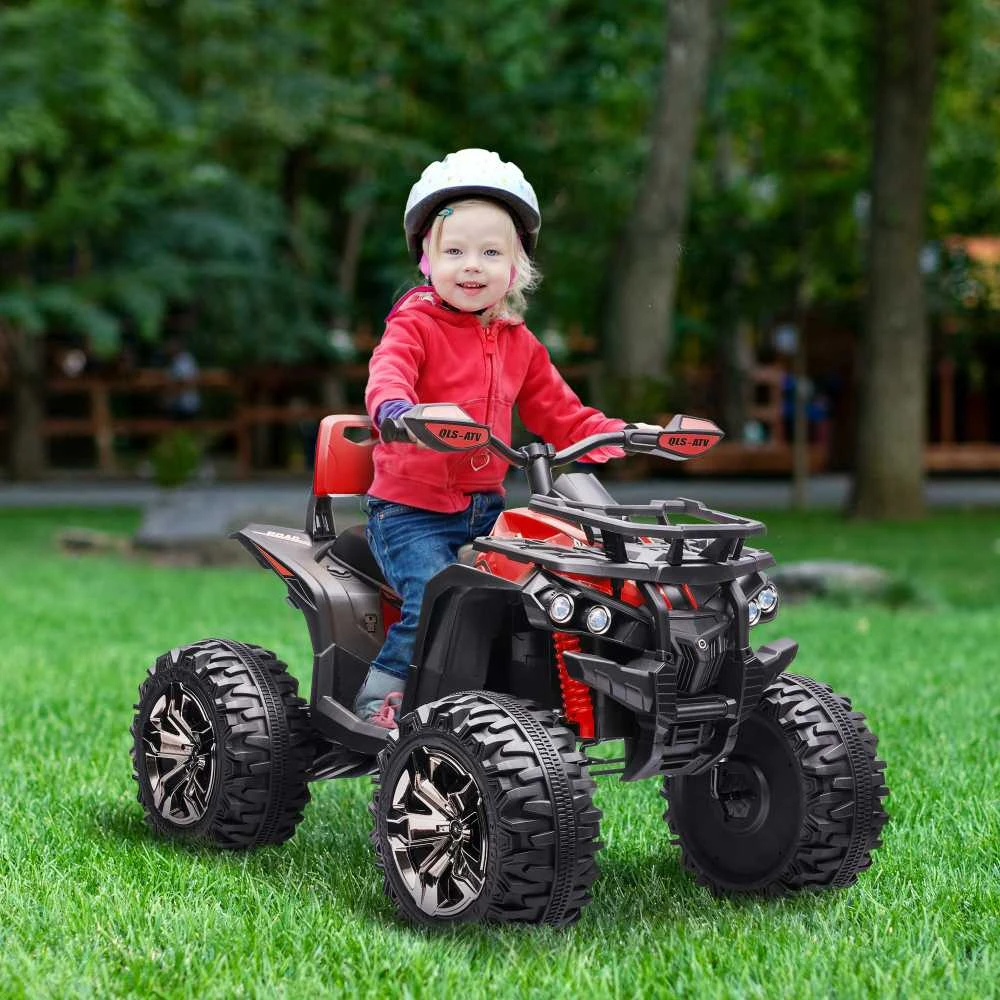 HOMCOM elektrinis keturratis 12V, vaikiškas keturratis su priekiniais žibintais, USB jungtimi, MP3 grotuvu, 3–5 metų vaikams, 3–8 km/h, metalinis, raudonas