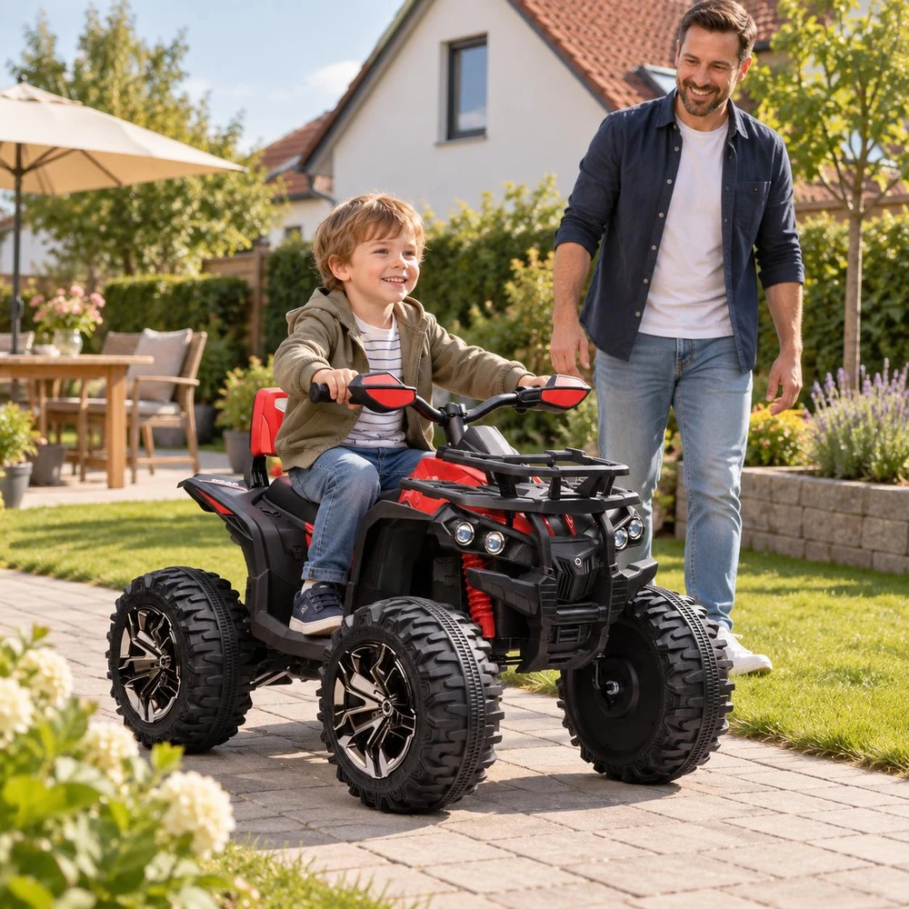 HOMCOM elektrinis keturratis 12V, vaikiškas keturratis su priekiniais žibintais, USB jungtimi, MP3 grotuvu, 3–5 metų vaikams, 3–8 km/h, metalinis, raudonas