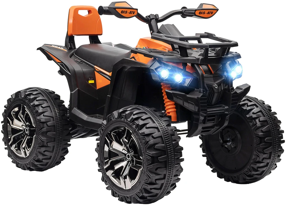 Vaikiškas keturratis HOMCOM, 12V 10Ah, su pirmyn ir atgal važiavimo funkcija, 2 varikliais, USB jungtimi, MP3 grotuvu, žibintais, 3-8 km/val., vaikams nuo 3-5 metų, oranžinis