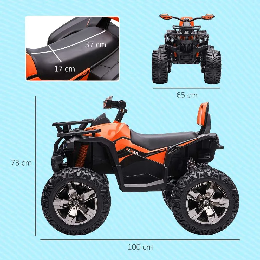 Vaikiškas keturratis HOMCOM, 12V 10Ah, su pirmyn ir atgal važiavimo funkcija, 2 varikliais, USB jungtimi, MP3 grotuvu, žibintais, 3-8 km/val., vaikams nuo 3-5 metų, oranžinis