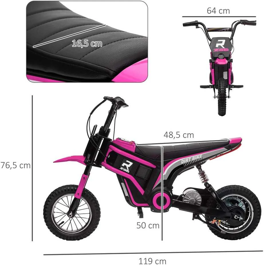 HOMCOM elektrinis motociklas vaikams, su 24V 350W varikliu, 8-16 KMH greičio režimu, 12 colių pripučiamomis padangomis, elektra varomas motociklas su muzika ir priekiniu žibintu, „Moto Cross“ vaikams nuo 8 iki 12 metų, rožinis