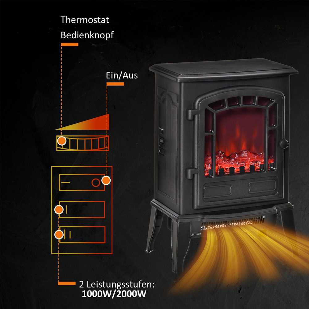 HOMCOM Elektrinis pastatomas židinys, 2 šildymo pakopos, realistiškas liepsnos efektas, universalus