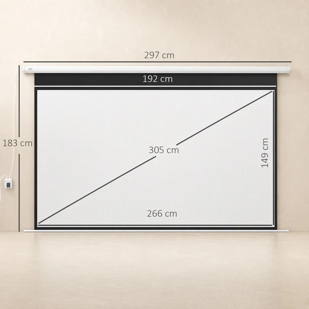 HOMCOM elektrinis projektoriaus ekranas 266 x 149 cm, 16:9 su nuotolinio valdymo pulteliu, kino ekranas namų kinui ir prezentacijoms, metalinis, baltas