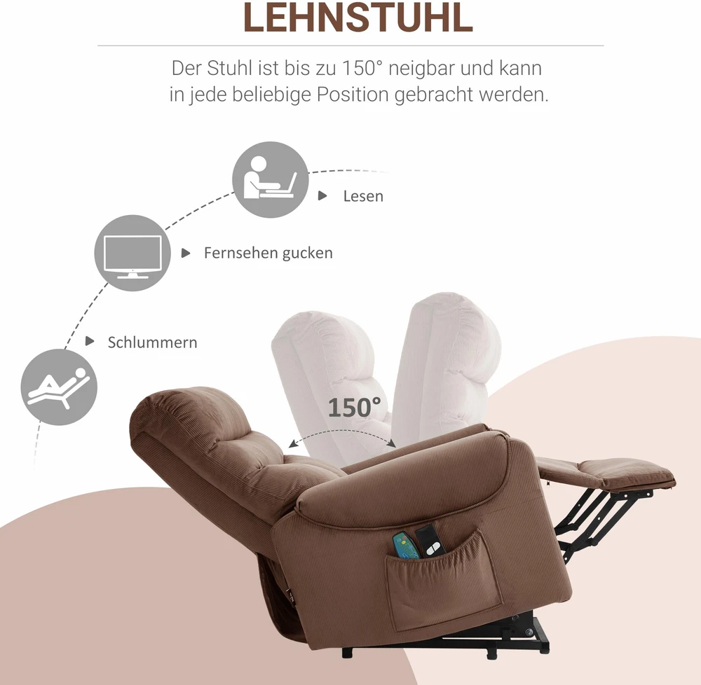 Fotelis HOMCOM elektrinis televizoriaus krėslas su kėlimo funkcija, masažo funkcija, nuotolinio valdymo pulteliu, šildymu, gulėjimo funkcija, poliesterio audiniu, metalu, šviesiai rudas, 79 x 97 x 103