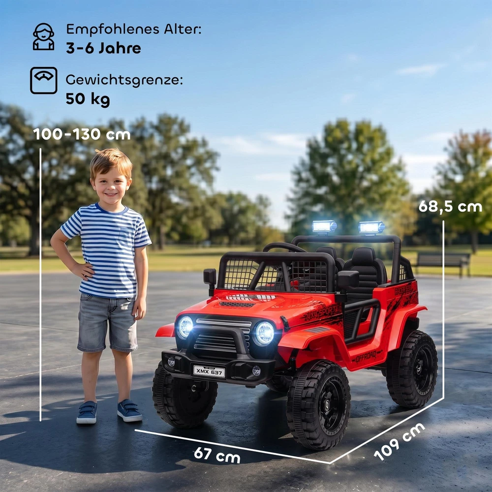 Aiyaplay Elektrinis vaikiškas automobilis HOMCOM, 12 V, 3-5 km/h visureigis su muzikos jungtimi, vaikiška transporto priemonė su 2,4G nuotolinio valdymo pulteliu, priekiniais žibintais, garsiniu signalu, elektrinė vaikiška transporto priemonė 3-6 metų vaikams, raudonas