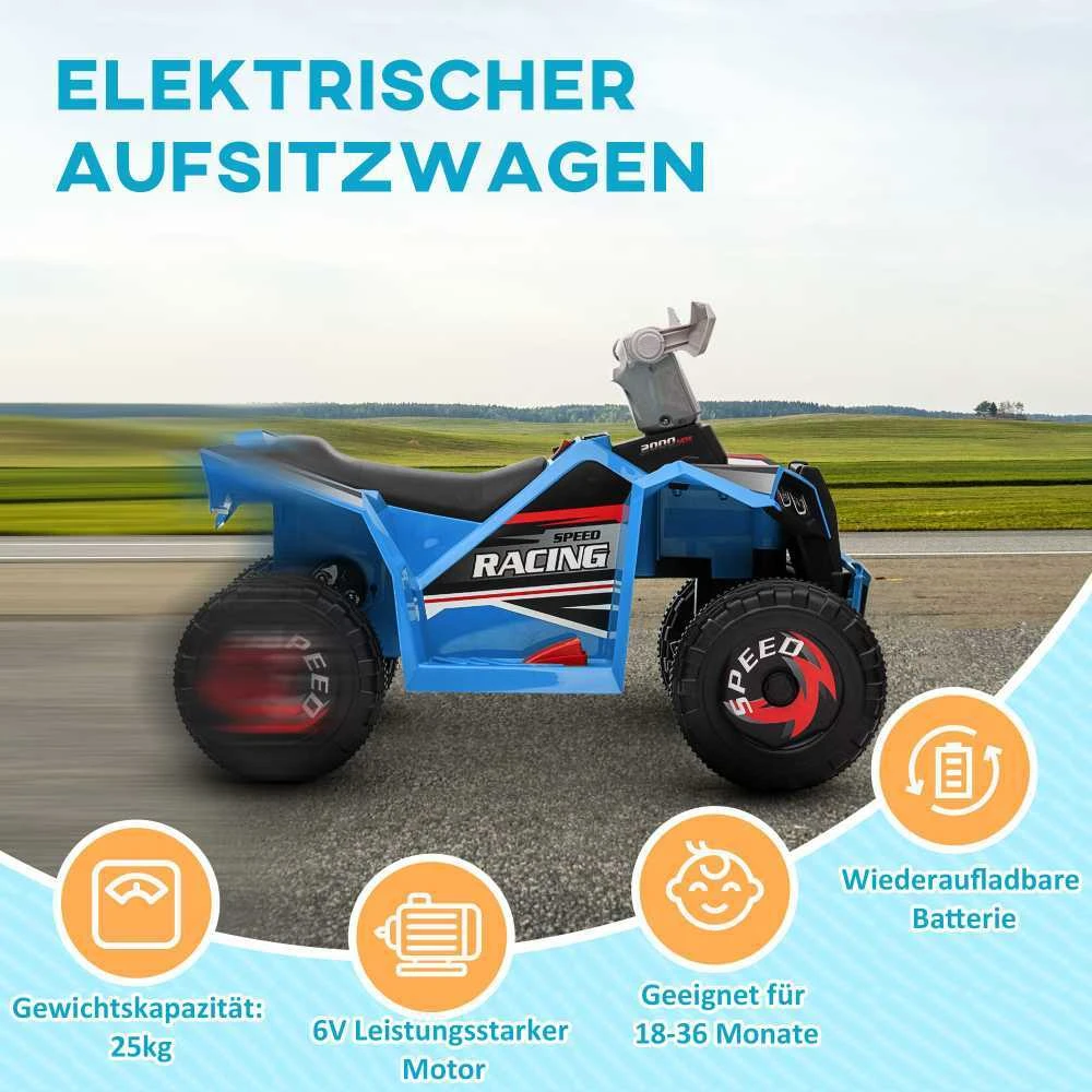 HOMCOM elektrinis vaikiškas keturratis, mini elektrinis keturratis su važiavimo pirmyn ir atgal funkcija, 6 V elektrinė transporto priemonė vaikams nuo 1,5-3 metų, 2,5 km/val., mėlynas