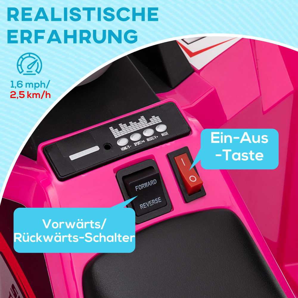 HOMCOM elektrinis keturratis vaikams, mini keturratis su pirmyn/atgal funkcija, 6 V elektrinis transporto priemonė vaikams 1,5–3 metų, 2,5 km/val., rožinis