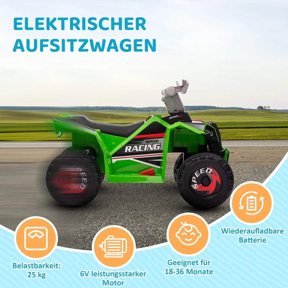 HOMCOM vaikiškas elektrinis keturratis, 2,5 km/h, priekinė ir atbulinė pavara, 18–36 mėnesių vaikams, žalias