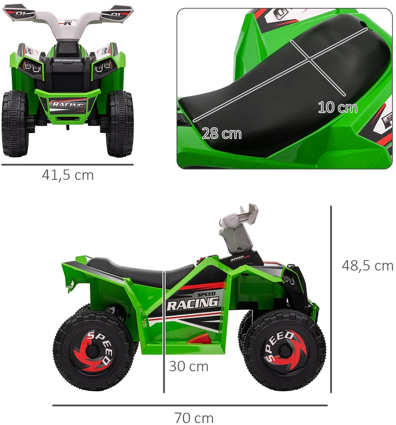 HOMCOM vaikiškas elektrinis keturratis, 2,5 km/h, priekinė ir atbulinė pavara, 18–36 mėnesių vaikams, žalias