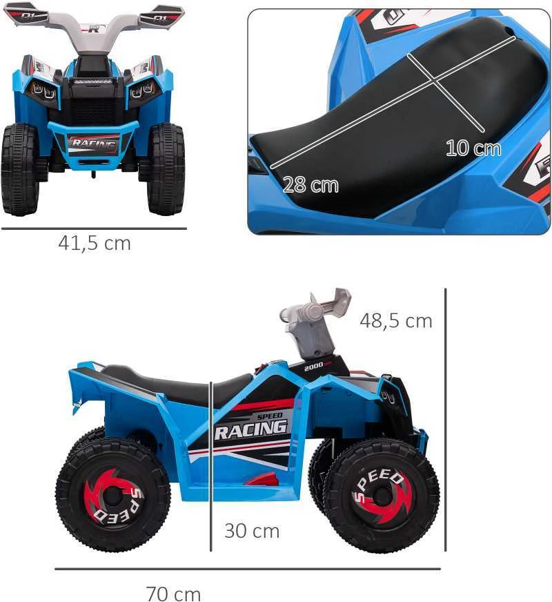 HOMCOM elektrinis vaikiškas keturratis, mini elektrinis keturratis su važiavimo pirmyn ir atgal funkcija, 6 V elektrinė transporto priemonė vaikams nuo 1,5-3 metų, 2,5 km/val., mėlynas