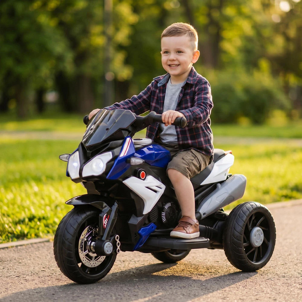 HOMCOM elektrinis vaikiškas motociklas, šviesos ir garsai, 3 km/h, įkraunamas, plastikas ir metalas, mėlyna/balta