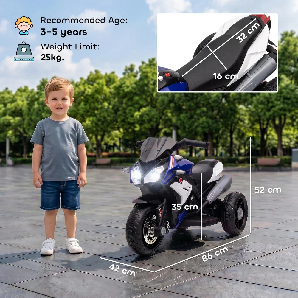 HOMCOM elektrinis vaikiškas motociklas, šviesos ir garsai, 3 km/h, įkraunamas, plastikas ir metalas, mėlyna/balta