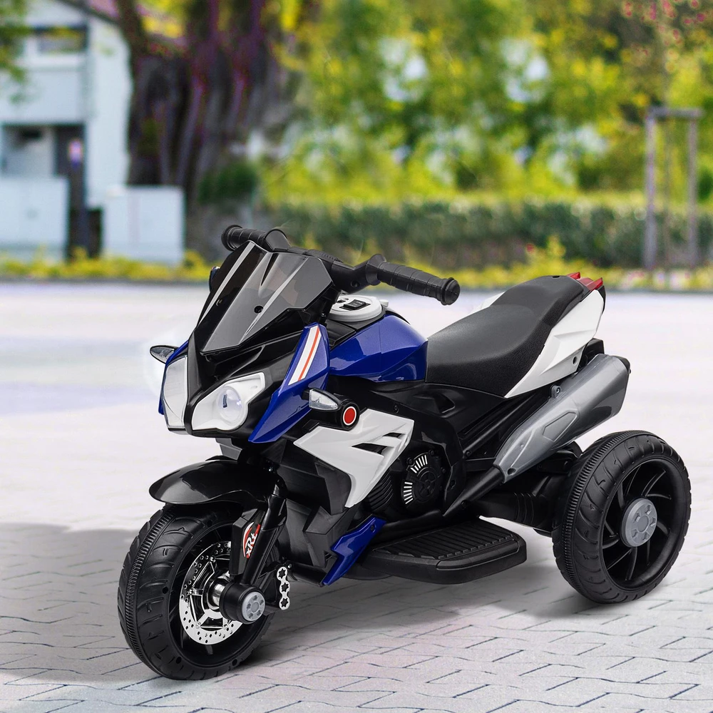 HOMCOM elektrinis vaikiškas motociklas, šviesos ir garsai, 3 km/h, įkraunamas, plastikas ir metalas, mėlyna/balta
