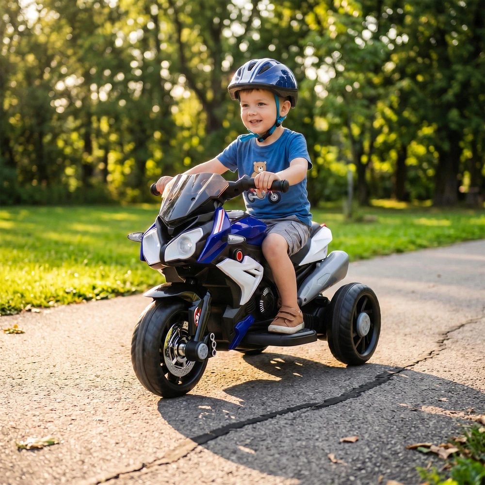 HOMCOM elektrinis vaikiškas motociklas, šviesos ir garsai, 3 km/h, įkraunamas, plastikas ir metalas, mėlyna/balta