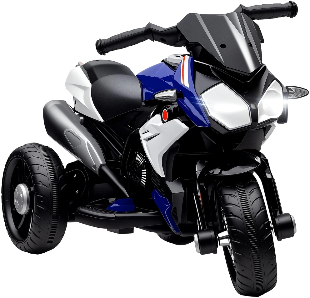 HOMCOM elektrinis vaikiškas motociklas, šviesos ir garsai, 3 km/h, įkraunamas, plastikas ir metalas, mėlyna/balta