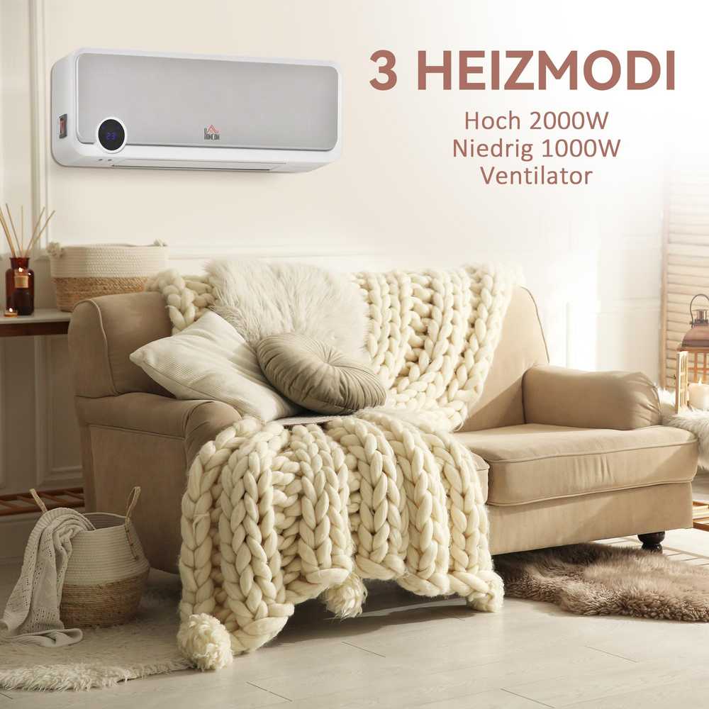 HOMCOM Elektrinis ventiliatorius, montuojamas ant sienos, 2000W su nuotolinio valdymo pulteliu, 3 veikimo režimai, LED ekranas, 12 valandų laikmatis