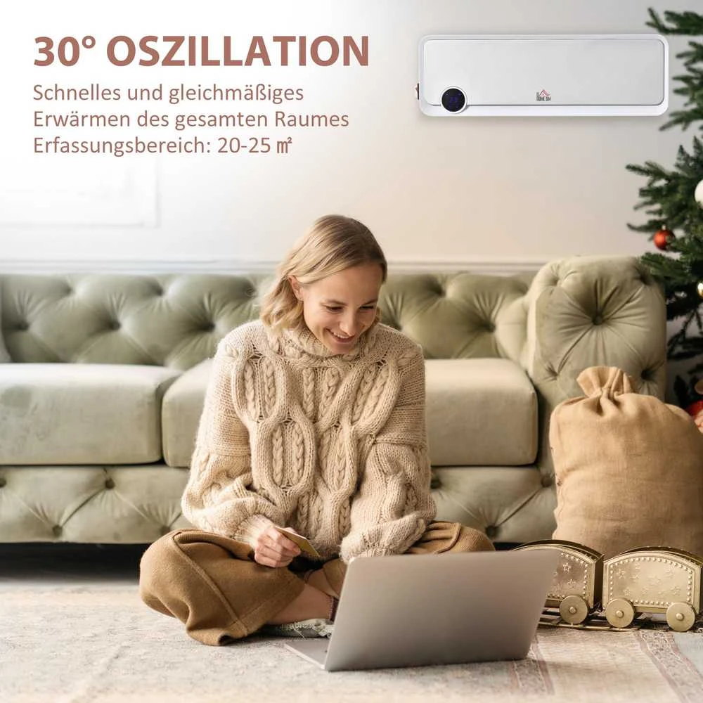 HOMCOM Elektrinis ventiliatorius, montuojamas ant sienos, 2000W su nuotolinio valdymo pulteliu, 3 veikimo režimai, LED ekranas, 12 valandų laikmatis