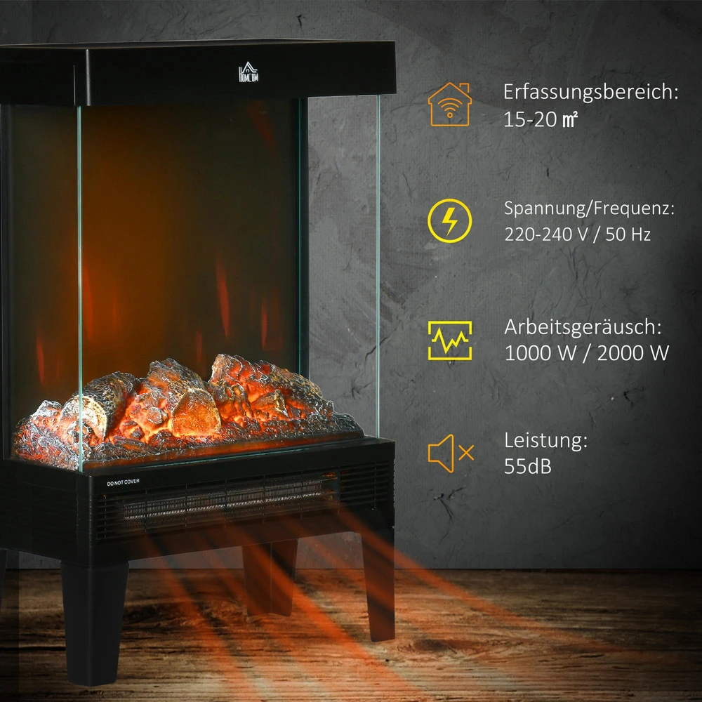 HOMCOM Elektrinis židinys, 2000 W, pastatomas su šildymu, LED 3D liepsnos efektas, 4 ryškumo lygiai, elektrinis židinys su termostatu, apsauga nuo perkaitimo, juodas