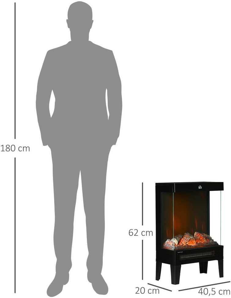 HOMCOM Elektrinis židinys, 2000 W, pastatomas su šildymu, LED 3D liepsnos efektas, 4 ryškumo lygiai, elektrinis židinys su termostatu, apsauga nuo perkaitimo, juodas