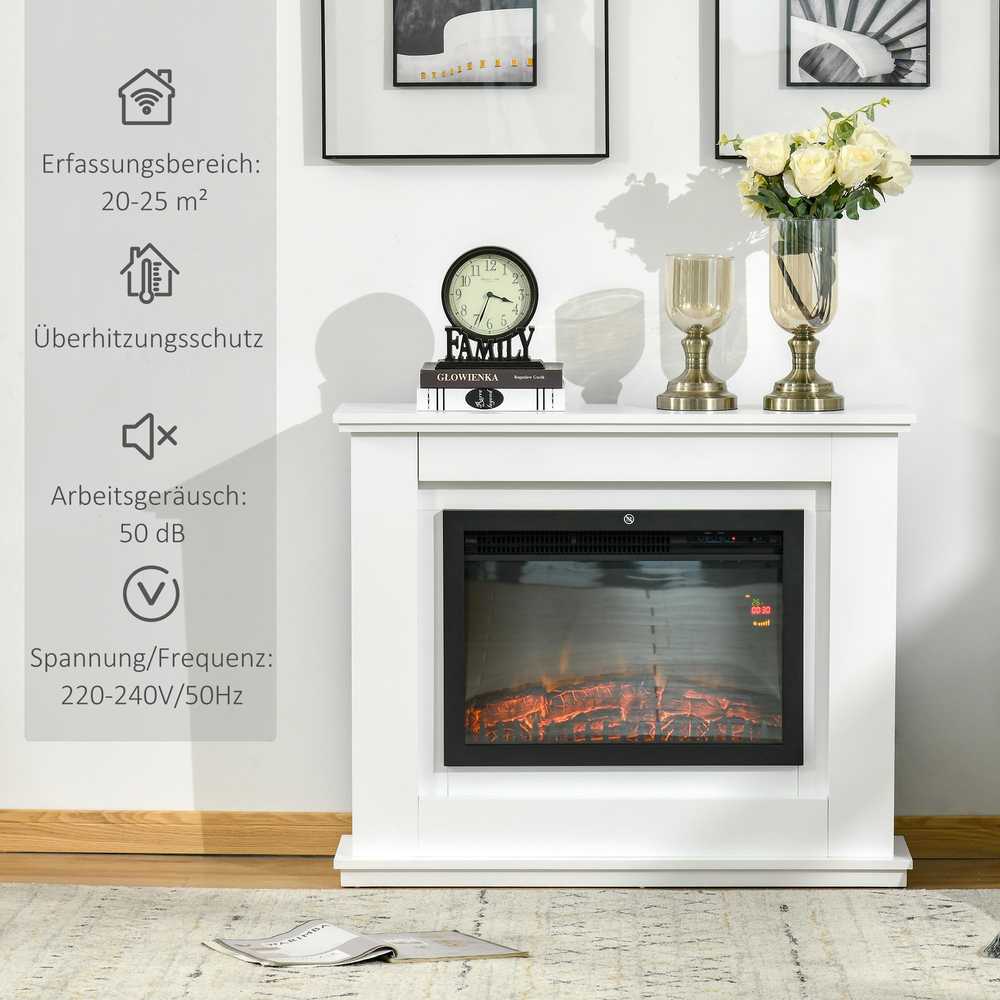 HOMCOM Elektrinis židinys, 3D LED liepsnos, nuotolinio valdymo pultas, laikmatis, MDF, baltas