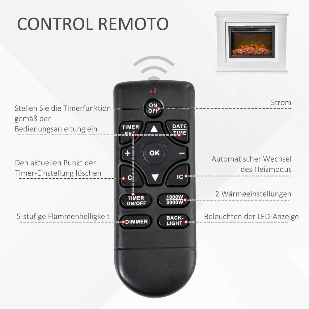 HOMCOM Elektrinis židinys, 3D LED liepsnos, nuotolinio valdymo pultas, laikmatis, MDF, baltas