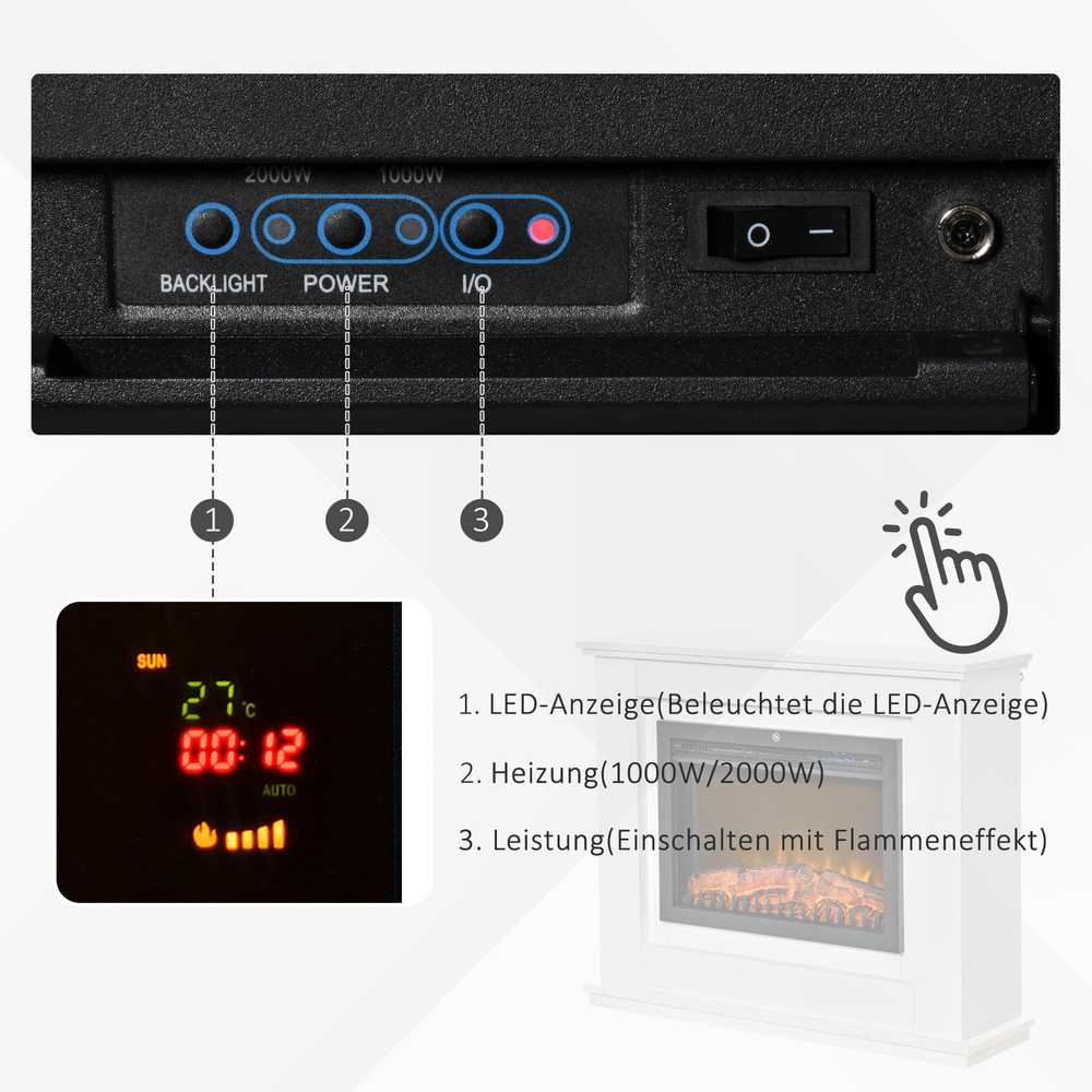 HOMCOM Elektrinis židinys, 3D LED liepsnos, nuotolinio valdymo pultas, laikmatis, MDF, baltas