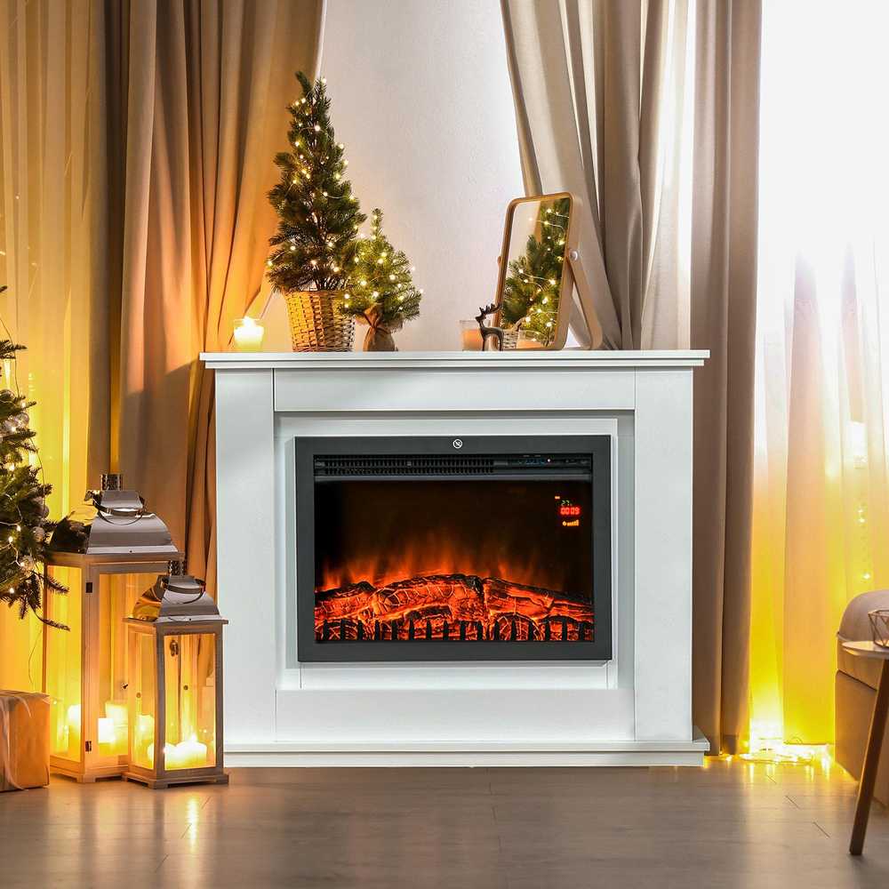 HOMCOM Elektrinis židinys, 3D LED liepsnos, nuotolinio valdymo pultas, laikmatis, MDF, baltas