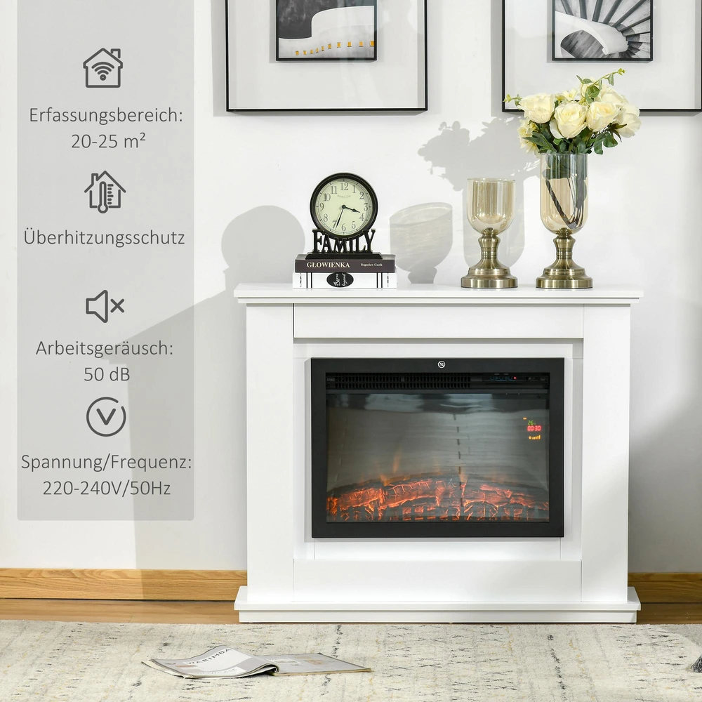 HOMCOM Elektrinis židinys, 3D LED liepsnos, nuotolinio valdymo pultas, laikmatis, MDF, baltas