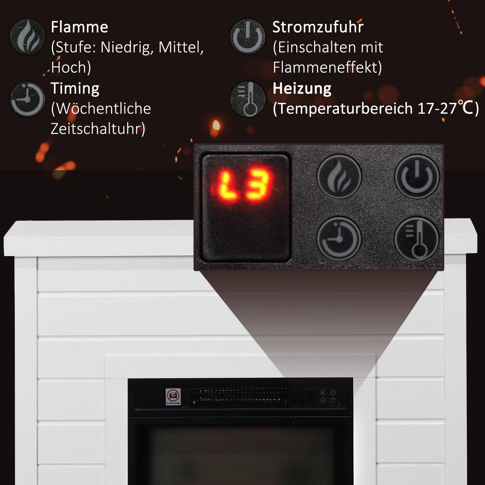 HOMCOM Elektrinis židinys, 3D liepsnos efektas, 3 nustatymai, laikmatis, nuotolinio valdymo pultelis, baltas